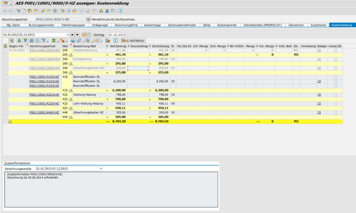 Karteireiter Kostenmeldung in der PROMOS Lösung für Kostenmeldung an Messdienstleister