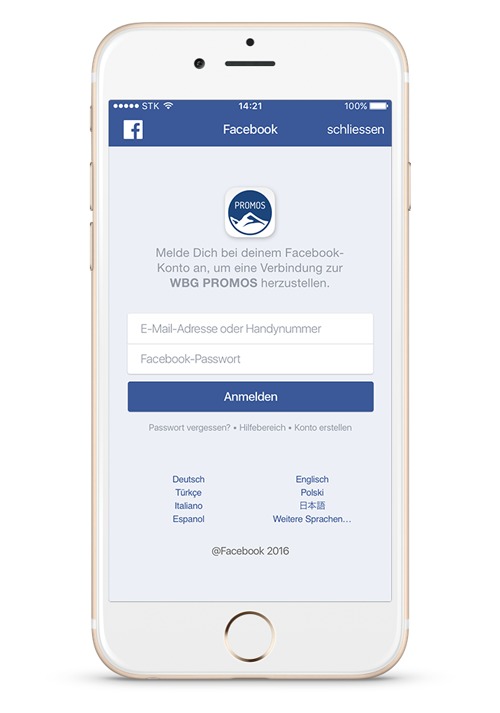 A Facebook login button makes an app more user-friendly and has been shown to increase user numbers.  Facebook Login in der easysquare Mieter-App