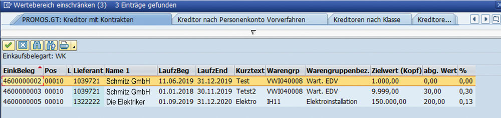 Figure 1: The search aid displays framework contracts including the duration, vendor, trade, target value and depletion. Suchhilfe für Kreditorensuche mit Rahmenverträgen in SAP