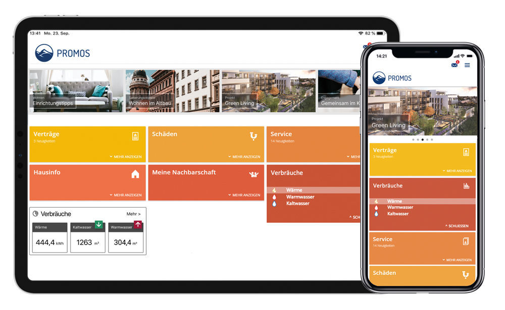 Figure 1: All consumption data can be called up at any time with the new “Consumption” function. Both monthly and annual data can be displayed in clear tables and charts.  Darstellung aktueller Verbrauchswerte für Heizkosten und Warmwasser in der easysquare Mieter-App