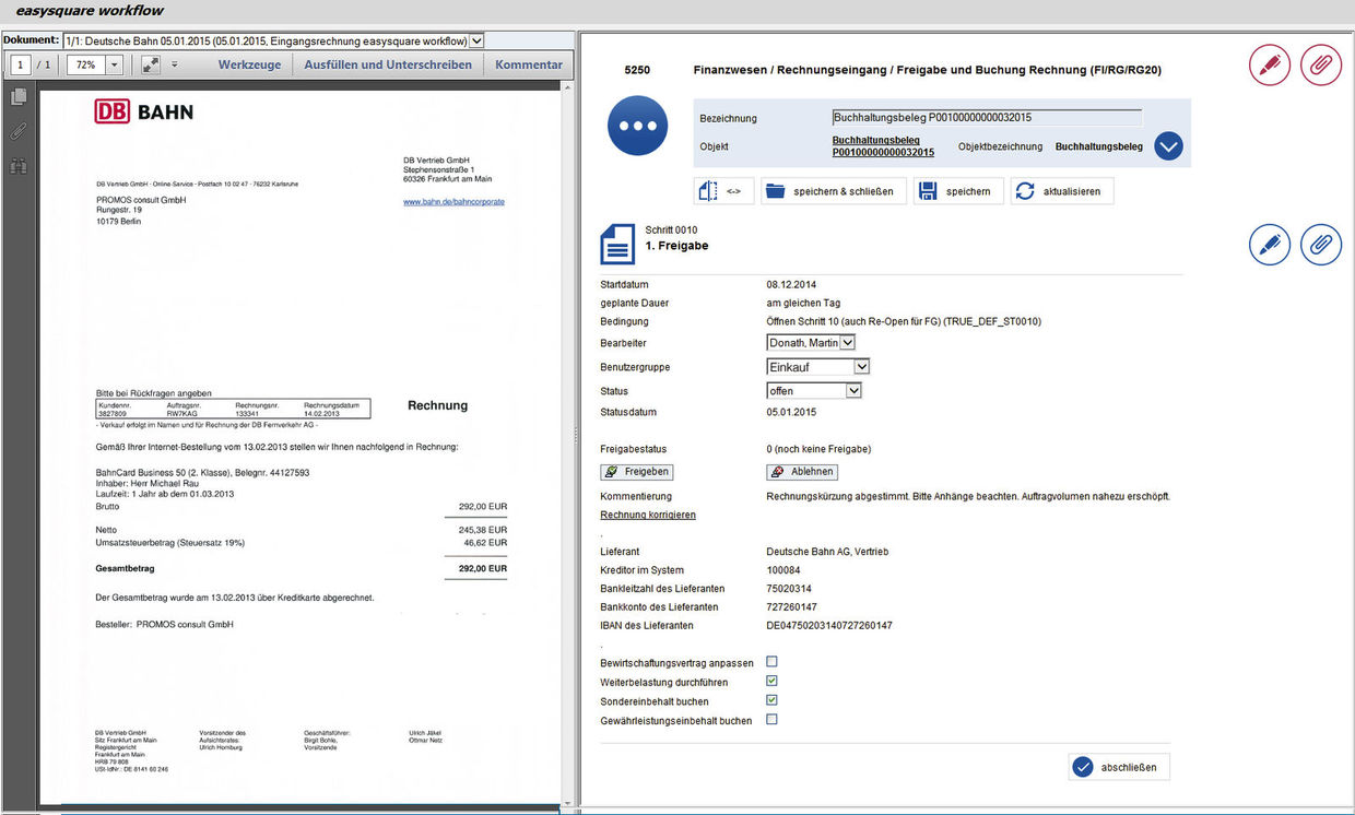 Figure 2: Release processes are performed automatically and transparently while always ensuring the dual-control principle (where required).  Freigabeprozesse im Split Screen mit easysquare workflow