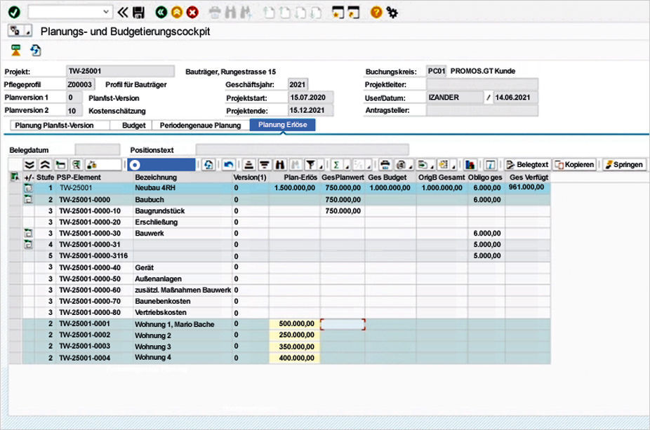 Figure 2: A new tab enables revenue planning in the PROMOS budget cockpit.  Erlösplanung von Bauprojekten mit PROMOS Budgetcockpit für SAP