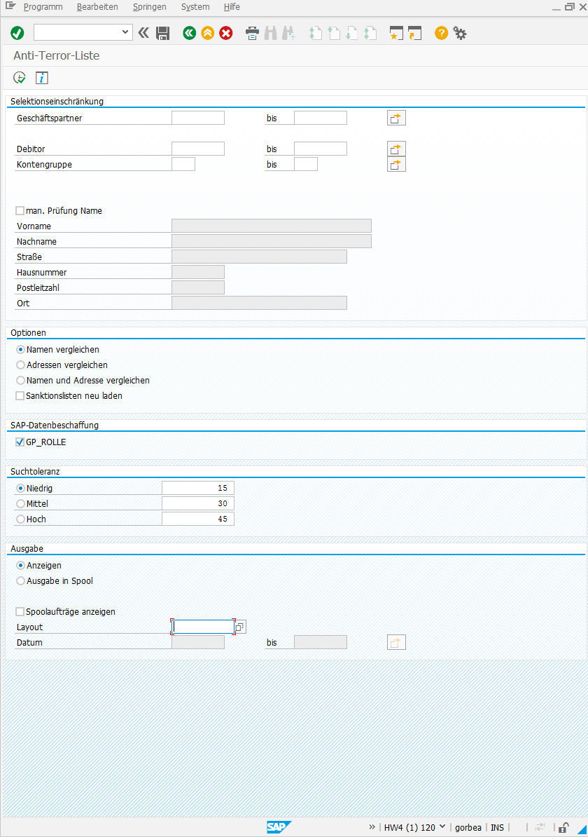 Fig. 1: Selection screen for the PROMOS Sanctions List Check  Selektionsmaske zur PROMOS Sanktionslistenprüfung