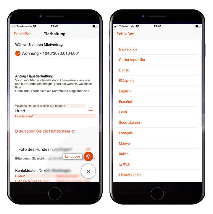 In the form, the user can choose from a variety of provided languages using the Language button. In der easysquare Mieter-App stehen nun eine Vielzahl von Sprachen zur Übersetzung zur Verfügung.