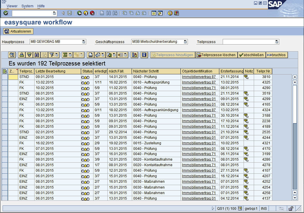Figure 2: The ALV overview lists the individual processes and sub-process based on previously defined criteria. Users can jump to the relevant process via the process selection results list. ALV-Liste in easysquare workflow bei der Gewobag Berlin