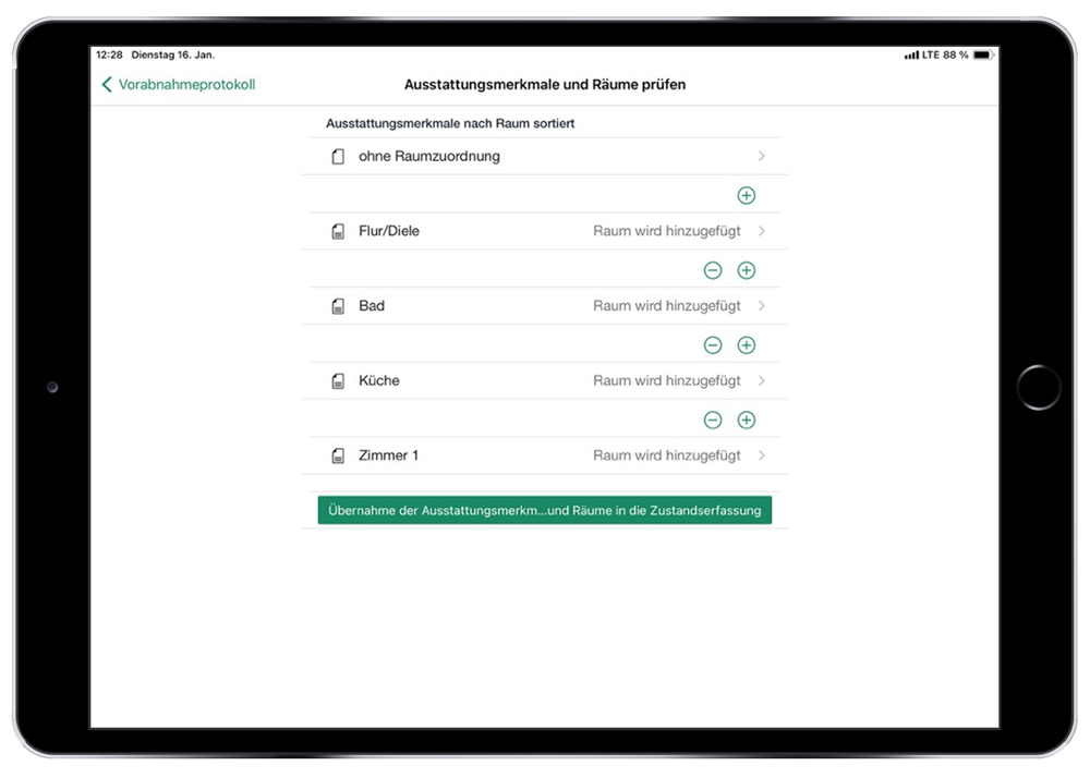 Recording furnishing features has never been so easy! With easysquare Professional, all relevant details can be documented on site during an inspection and seamlessly recorded back into your ERP system. Mit der easysquare Professional App können Ausstattungsmerkmale und Räume geprüft und bearbeitet werden.