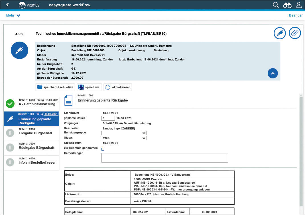 Figure 5: The process of returning a guarantee in easysquare workflow.  Digitaler Prozess zur Rückgabe einer Bürgschaft im PROMOS Prozesssteuerungstool easysquare workflow für SAP